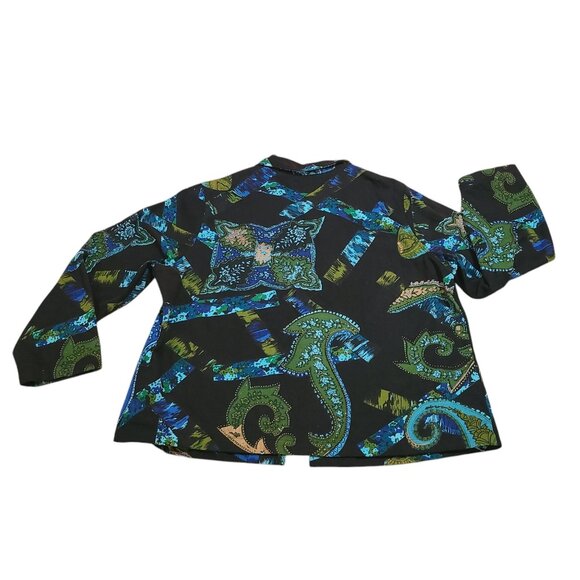Life Style Woman Black Teal Green Gold Paisley Printed Jacket 1X - Picture 5 of 16
